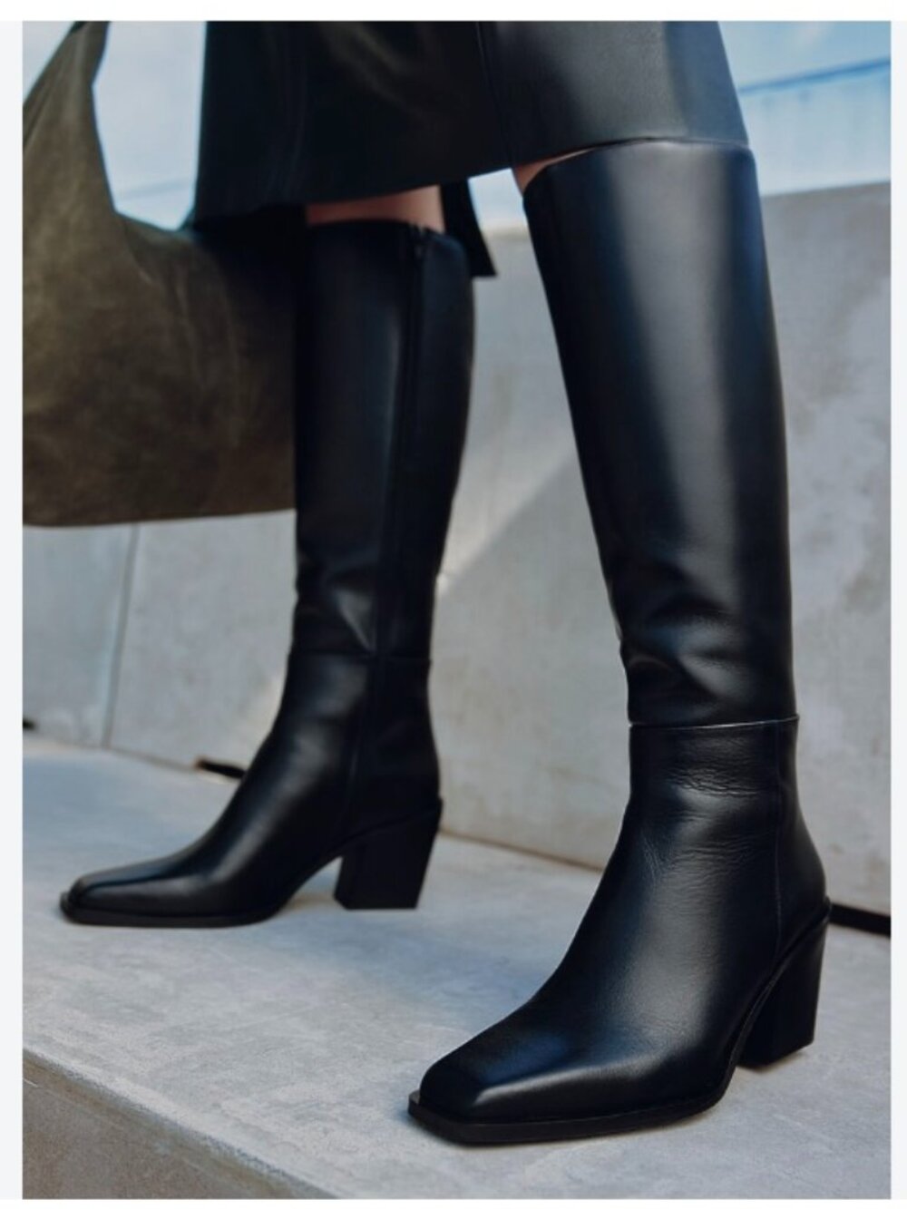 Simons Square-Toe Block-Heel Knee High Leather Boots